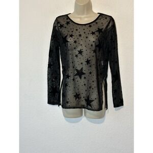 Black Sheer Long Sleeve Top Velvet Stars Stretch Sz 8 Whimsigoth Fairy Celestial